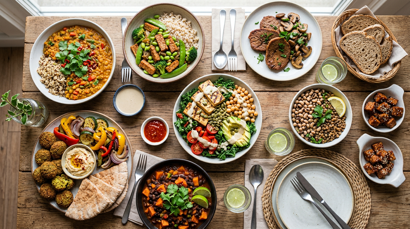 Variety of vibrant vegan dishes including falafel, hummus, grilled vegetables, lentils, salad, and bread arranged on a wooden table